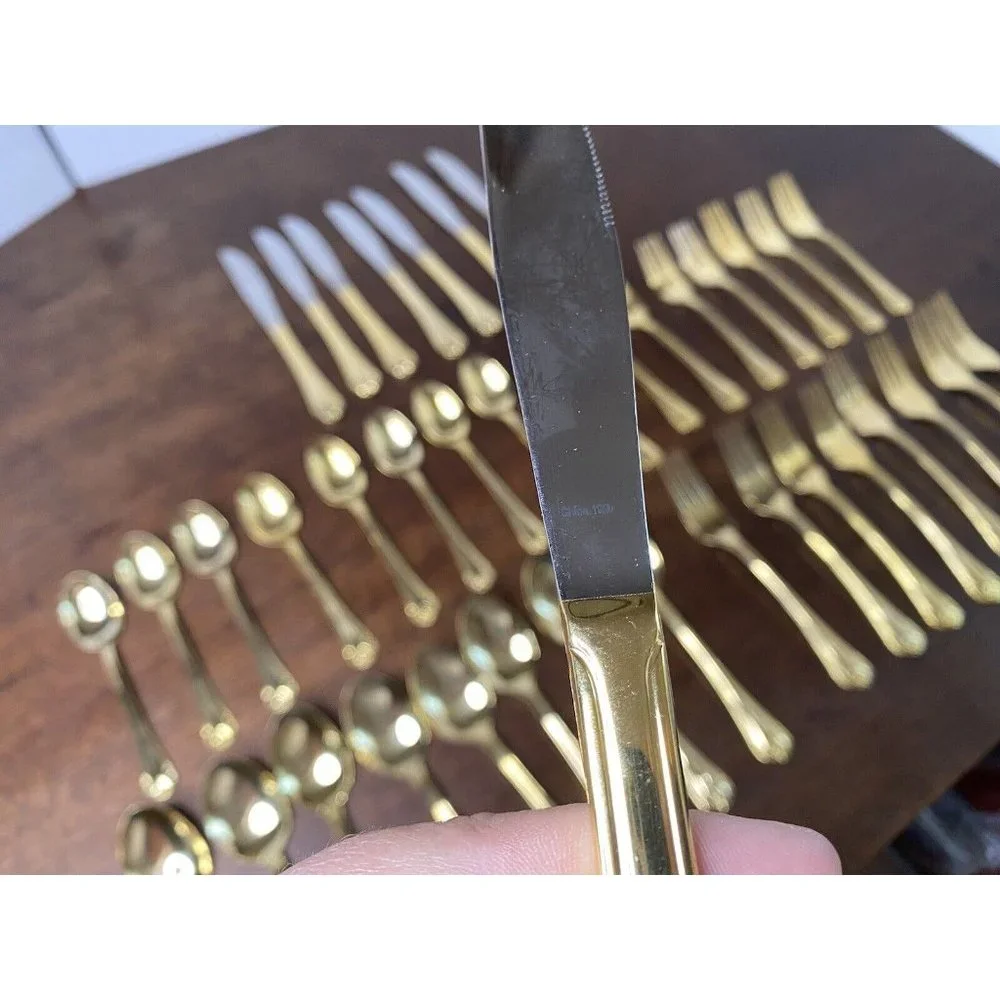 Hamptons Silversmiths 199 Gold‎ Tone Flatware Lot Of 40 Spoons Forks Knives